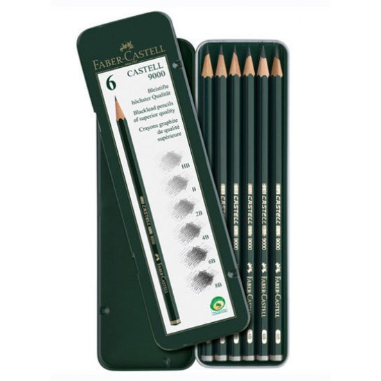119063 Набір графітних олівців CASTELL 9000, 6шт Н-8В, мет. короб, Faber-Castell