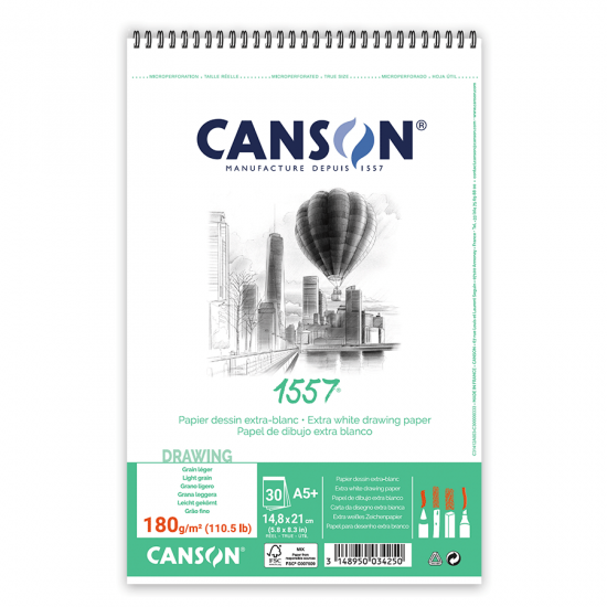 Canson Альбом для рисунку на спіралі 1557, А5 (14,8*21см), 180г/м2, 30л, білий колір Canson альбом на спіралі для графіки 1557 (30 арк.), 180 g, A5