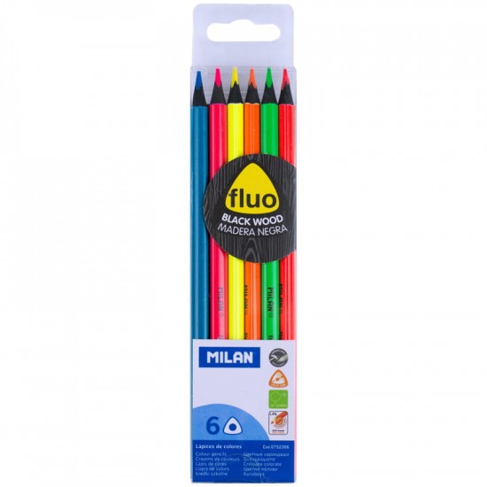 0752306 Набір кольорових.олівців.трикутн. "Fluo" ТМ "MILAN" 6шт., D2, 9mm, чорн.дерево