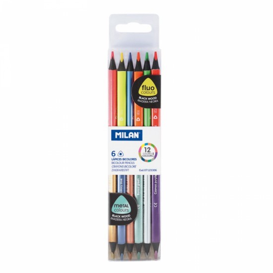 07123306 Набір двоколірних флюоресцент+металік олівців.трикут. ТМ "MILAN" 6шт. 12кольорів., D2, 9mm