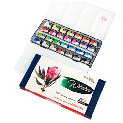 Набір акварельних фарб BOTANICAL, 28*2,5мл, кювета, Індіго метал. пенал, ROSA Gallery