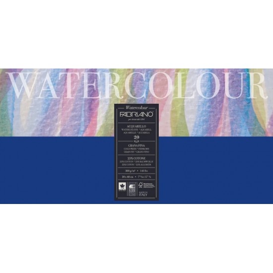 Fabriano Альбом для акварелі Watercolour 20х40 см 300 г/м.кв. 20 аркушів склейка з 4 сторін Fabriano Альбом для акварелі Watercolour 20х40 см 300 г/м.кв. 20 аркушів склейка з 4 сторін