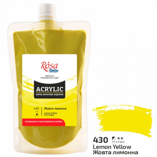 Фарба акрилова, (430) Жовта лимонна, 200 мл, ROSA Studio