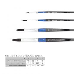 Набір пензлів 15, білка кругла, 4шт (№0,3,9,12), к.р., ROSA Studio Набір пензлів 15, білка кругла, 4шт (№0,3,9,12), к.р., ROSA Studio