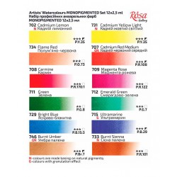 Набір акварельних фарб MONOPIGMENTED, 12*2,5мл, кювета, картон, ROSA Gallery Набір акварельних фарб MONOPIGMENTED, 12*2,5мл, кювета, картон, ROSA Gallery