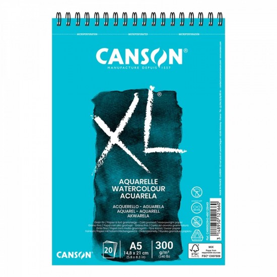 Альбом для акварелі на спіралі XL, A5 (14,8*21см), 300г/м2, 20л, середнє зерно, Canson Альбом для акварелі на спіралі XL, A5 (14,8*21см), 300г/м2, 20л, середнє зерно, Canson