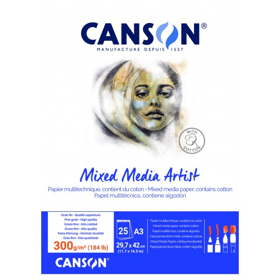 Склейка паперу MIXED MEDIA ARTIST, А3, 300 гр/м2, 25л, натуральний білий, дрібне зерно, Canson