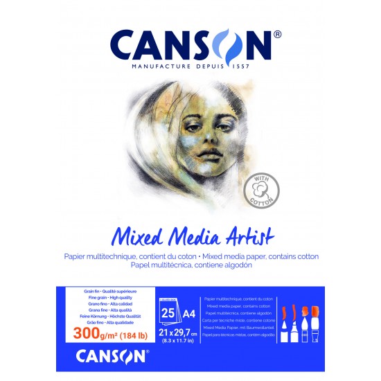 Склейка паперу MIXED MEDIA ARTIST, А4, 300 гр/м2, 25л, натуральний білий, дрібне зерно, Canson