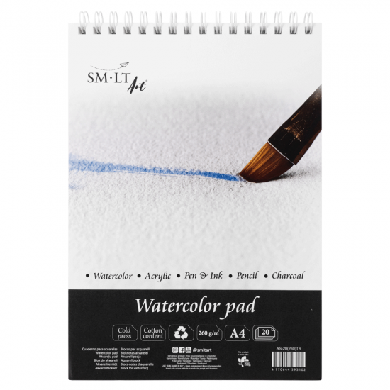 Альбом на спіралі для акварелі, А4, 260г/м2, 20л, середнє зерно, мікроперфорація, SMILTAINIS