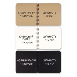 Скетчбук SANTI "DUAL" 3 в 1 для графіки (крафт, чорний, кремовий папір), 18х18см, 33 арк., пружина