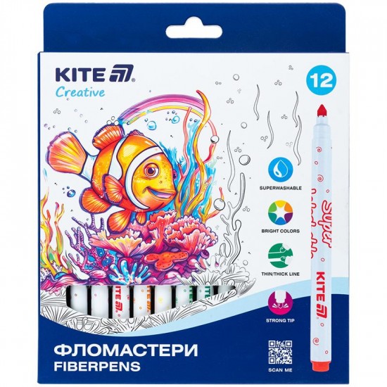 Фломастери, набір 12шт, Kite Creative Superwashable Фломастери, набір 12шт, Kite Creative Superwashable