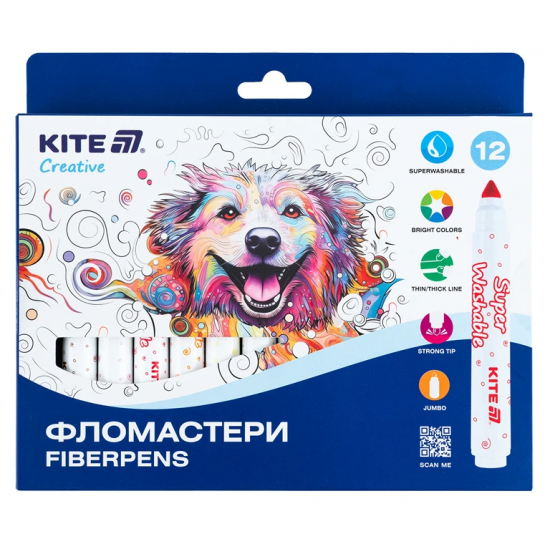 Фломастери, набір 12шт, Kite Creative Superwashable Jumbo Фломастери, набір 12шт, Kite Creative Superwashable Jumbo