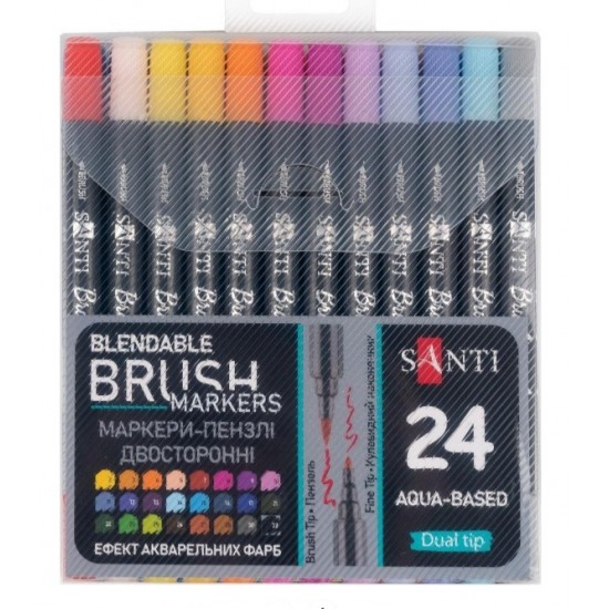 Набір маркерів акварельних SANTI "Brush Marker" 24 шт/уп, двосторонні Набір маркерів акварельних SANTI "Brush Marker" 24 шт/уп, двосторонні