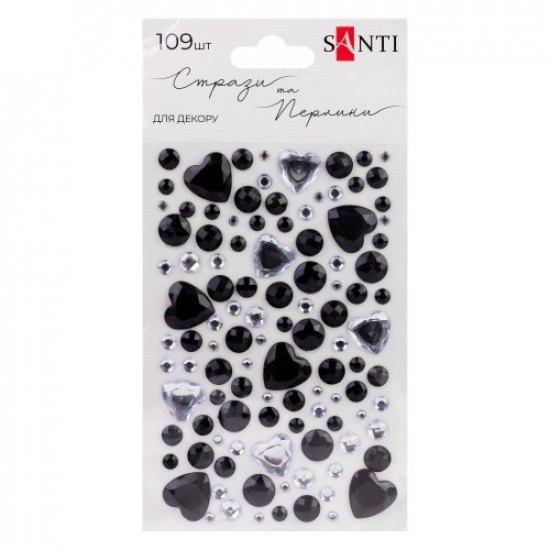 Стрази SANTI самоклеючі "Heart mix" чорні, срібло, 109 шт Стрази SANTI самоклеючі "Heart mix" чорні, срібло, 109 шт