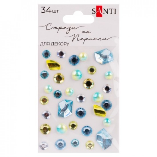 Стрази та перлини SANTI самоклеючі "MIX" блакитні, жовті, 34 шт