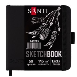 Скетчбук SANTI для графіки, з чорним папером, 13x13см, 56 арк., тверда обкладинка PU, 145г/м2