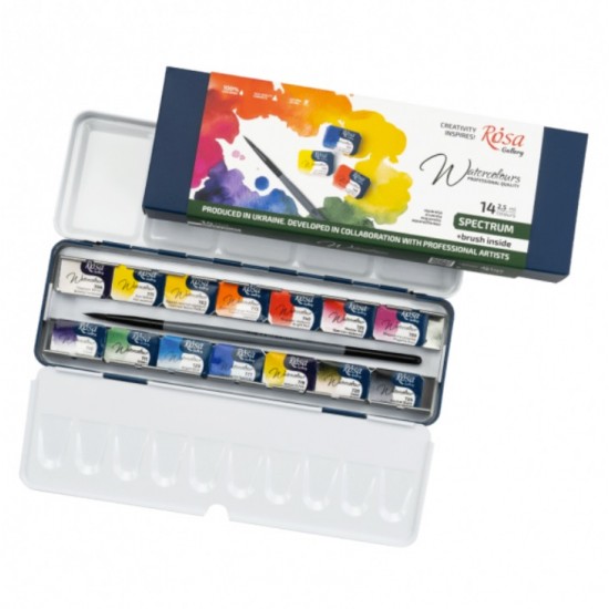 Набір акварельних фарб SPECTRUM, 14*2,5мл, кювета, +пензель, Індіго метал. пенал, ROSA Gallery