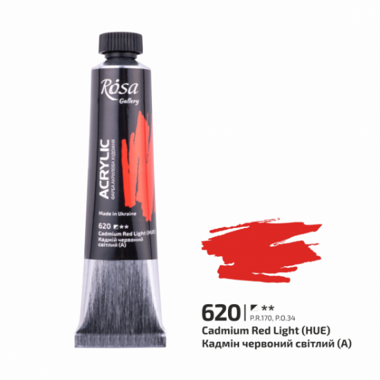 Фарба акрилова, Кадмій червоний світлий (620), 20мл, ROSA Gallery