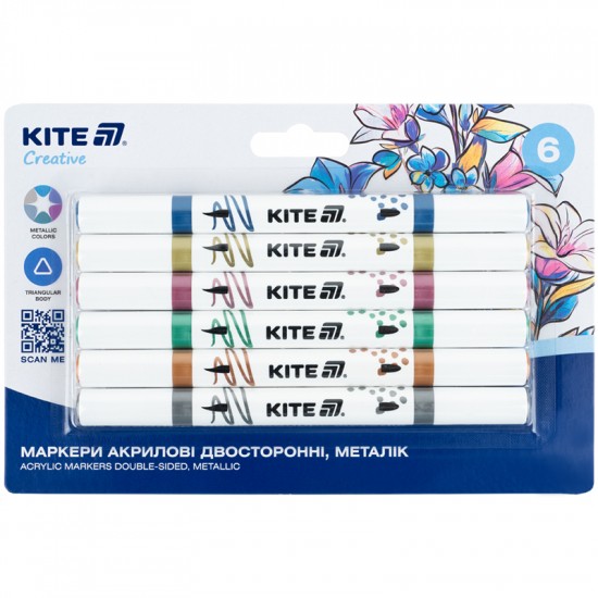 Маркери акрилові двосторонні, 6шт металік Kite Creative Маркери акрилові двосторонні, 6шт металік Kite Creative