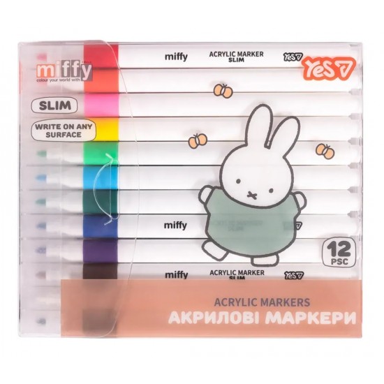 Маркери акрилові Yes "Miffy", 12 кольорів у PET пакуванні Маркери акрилові Yes "Miffy", 12 кольорів у PET пакуванні