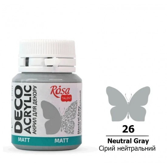 Акрил для декору, Сірий нейтральний, матовий, 20 мл, ROSA TALENT