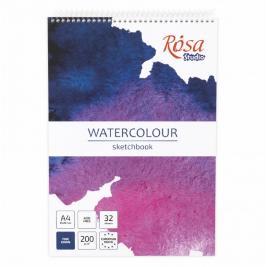 Скетчбук для акварелі на спіралі А4, 200г/м2, 32 л, білий папір, Фіолетовий, ROSA Studio