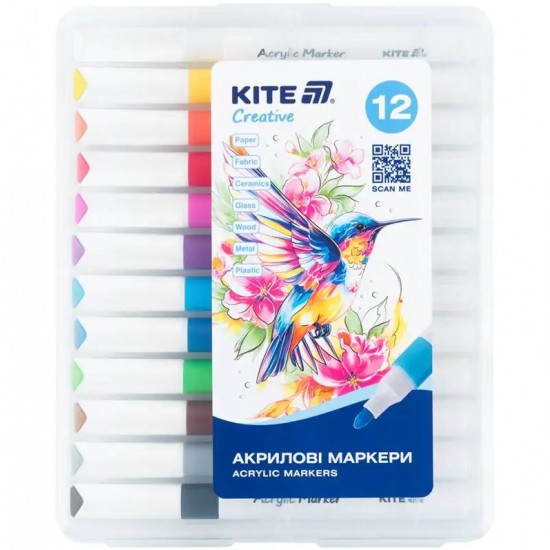 Маркери акрилові Jumbo, 12шт Kite Creative