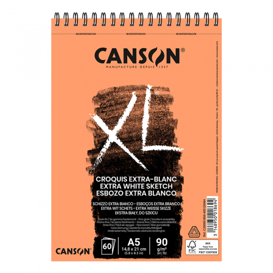 Canson Альбом для ескізів на спіралі XL EXTRA WHITЕ, А5 (14,8*21см), 90г/м2, 60л, білий колір Canson Альбом для ескізів на спіралі XL EXTRA WHITЕ, А5 (14,8*21см), 90г/м2, 60л, білий колір
